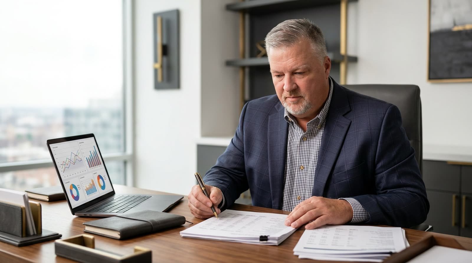 Dan Cloward reviewing financial reports and performance dashboards